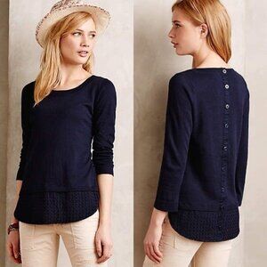 Anthropologie Portico Pullover Navy Knit Top Layered Eyelet Hem